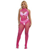 Subblime - 952389 Fishnet And Lace Crotchless Bodystocking With High Neck Pink One Size